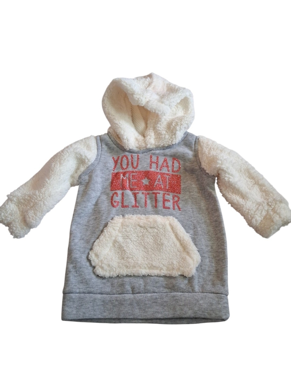 Girls' Gray Hooded Pullover with Cream Sherpa Trim - You Had Me At Glitter